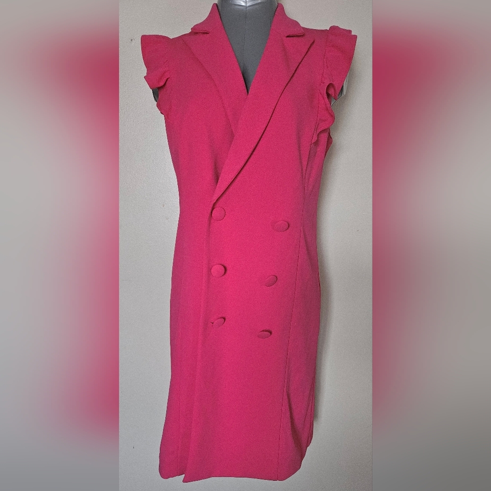 Shelby & Palmer Hot Pink Double-Breasted Ruffle Sleeve Dress